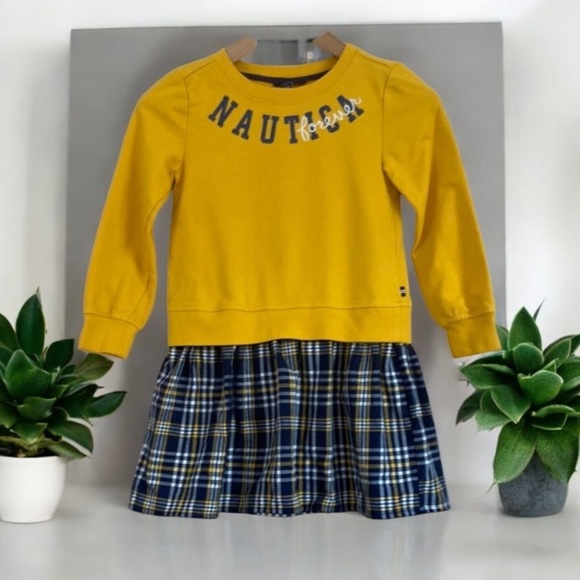 Nautica -Girls’ Sweatshirt Dress Yellow & Plaid, Long Sleeve, Preppy Style - Picture 2 of 9